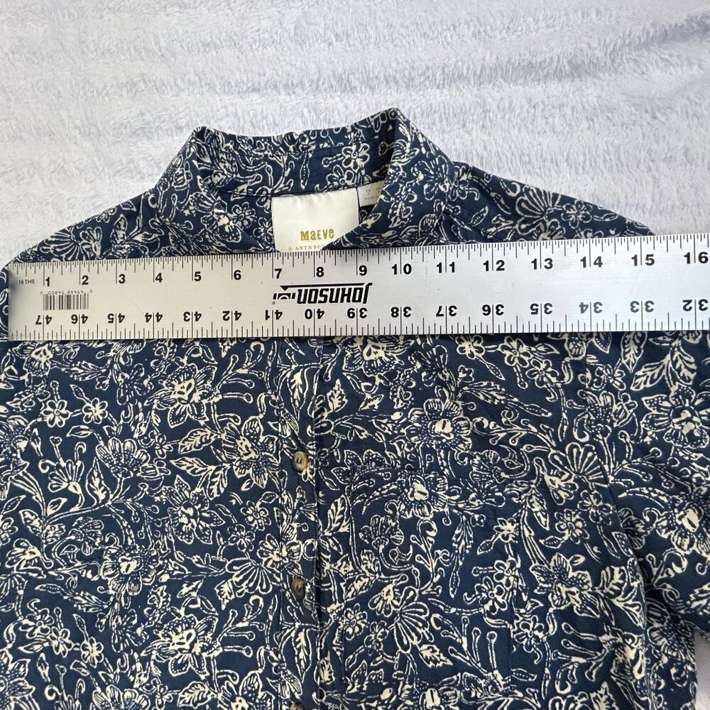 Maeve Anthropologie Women Floral Button-Up Shirt Size 2 Navy White Cotton Casual - Picture 5 of 7